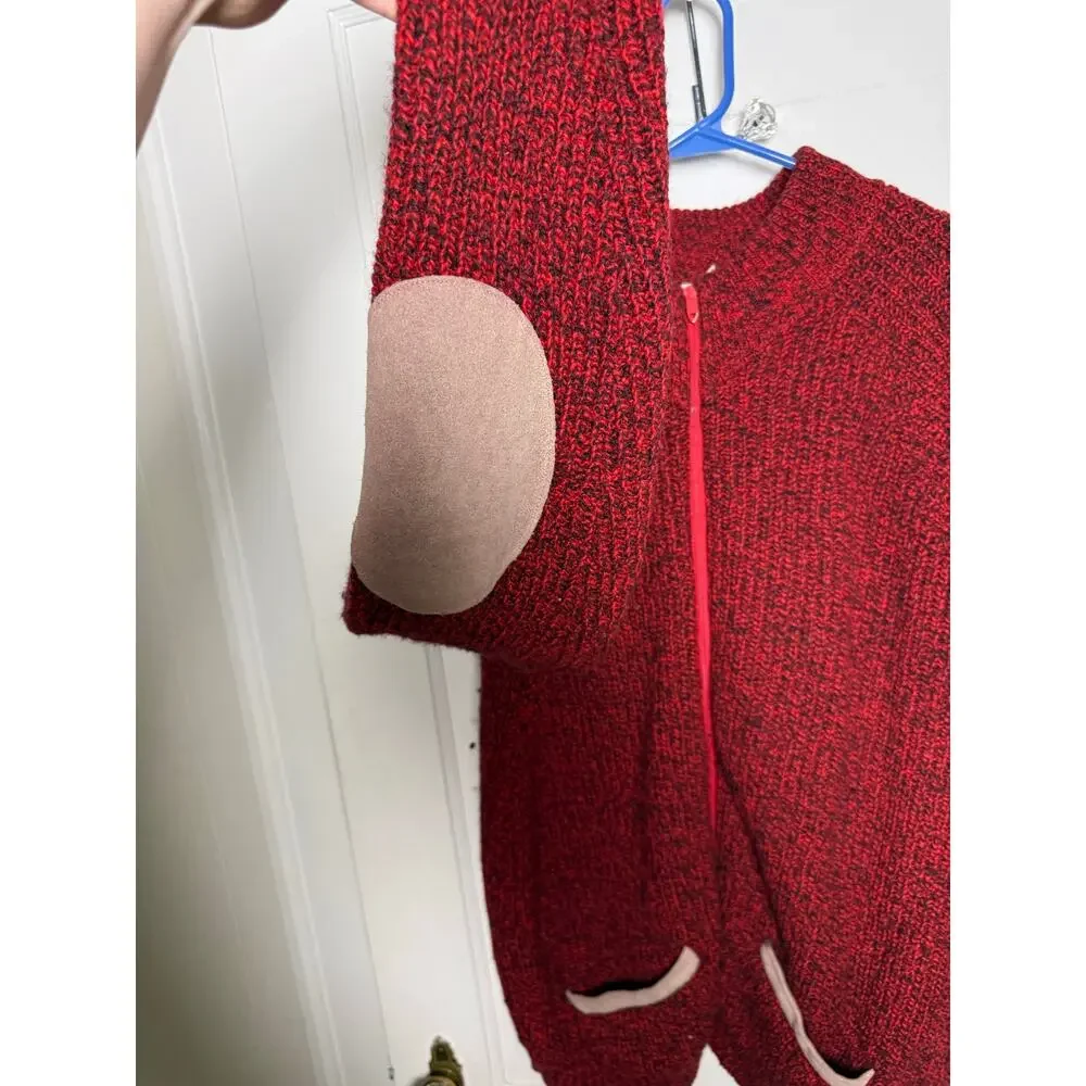 VTG 90s Orvis Mens L Red Marled Knit Zip Cardigan Sweater Elbow Patch Heritage